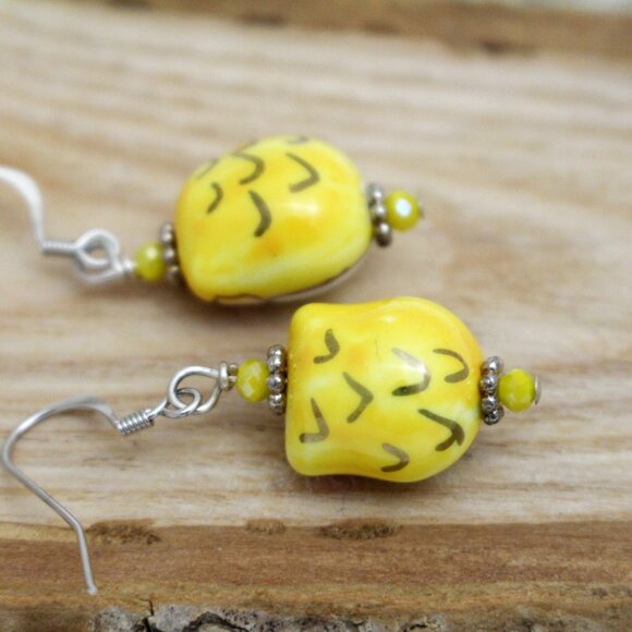 Yellow Hand Painted Porcelain Owl Earrings - Handmade & Hypoallergenic - Picture 3 of 8